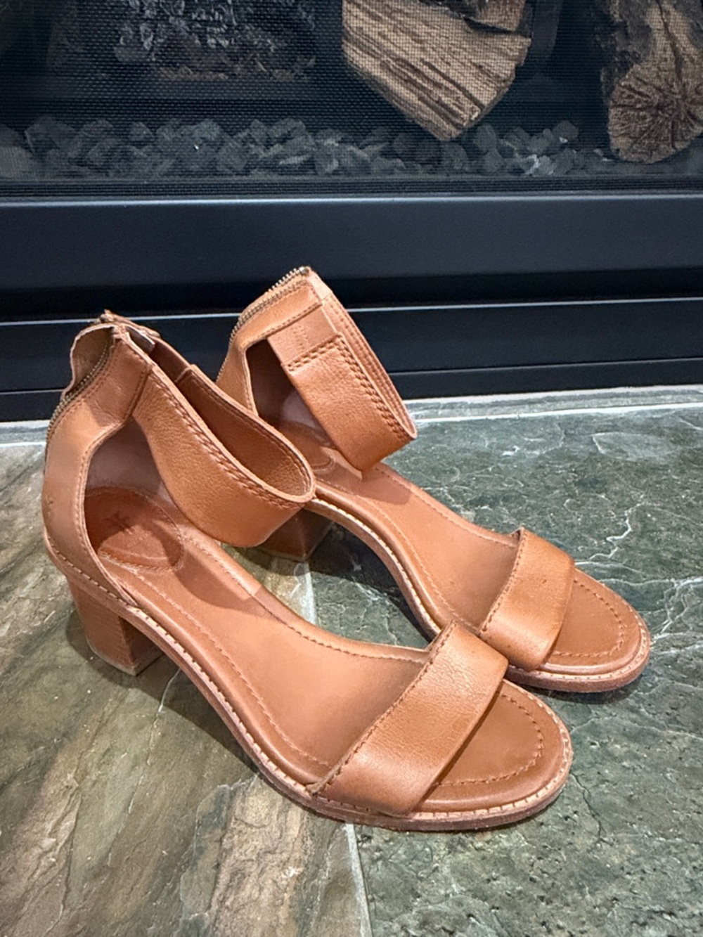Frye Tan Leather Block Heel Ankle Strap Sandals